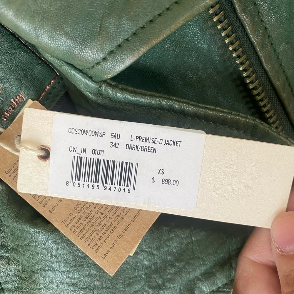 Diesel Distressed Dark Green Leather Premise Beaded Moto Jacket - Picture 6 of 14